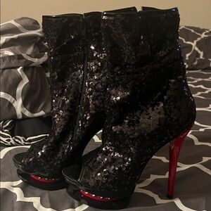 Black Sequin Peep-Toe Stiletto Booties with Red Heel
